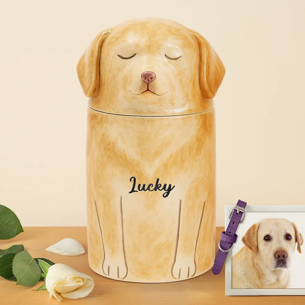 Pet Memorial Urn With Dog Sculpture Lid - Personalized Ceramic Pet-Shaped Keepsake Jar