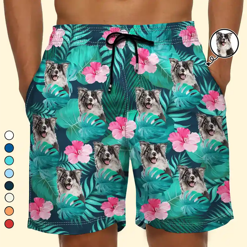Custom Photo Tropical Leaves Funny Pet Face - Personalized Unisex Beach Shorts