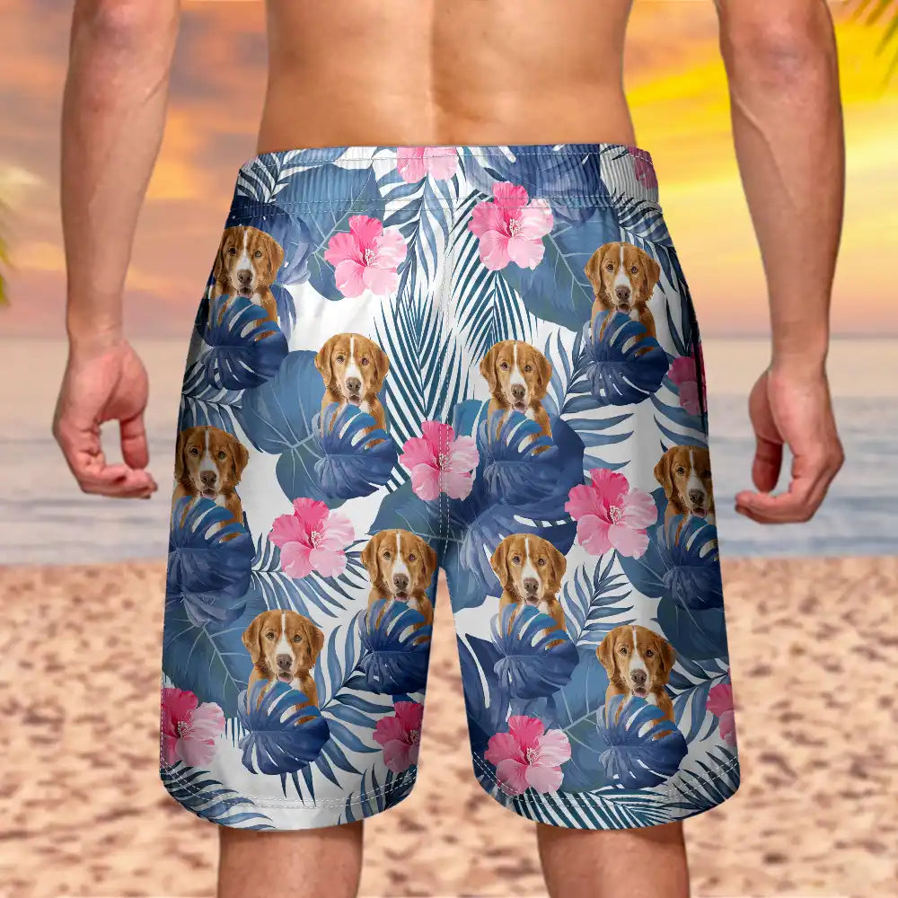 Custom Photo Tropical Leaves Funny Pet Face - Personalized Unisex Beach Shorts