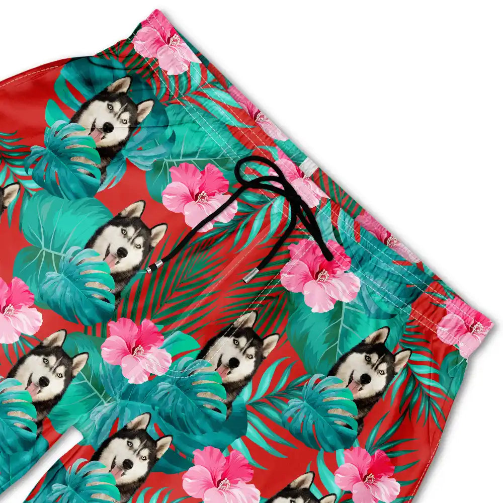 Custom Photo Tropical Leaves Funny Pet Face - Personalized Unisex Beach Shorts