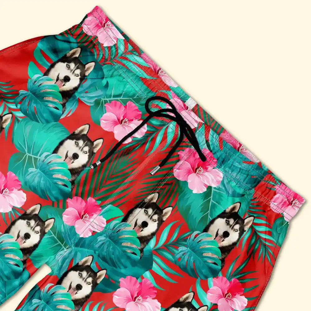 Custom Photo Tropical Leaves Funny Pet Face - Personalized Unisex Beach Shorts