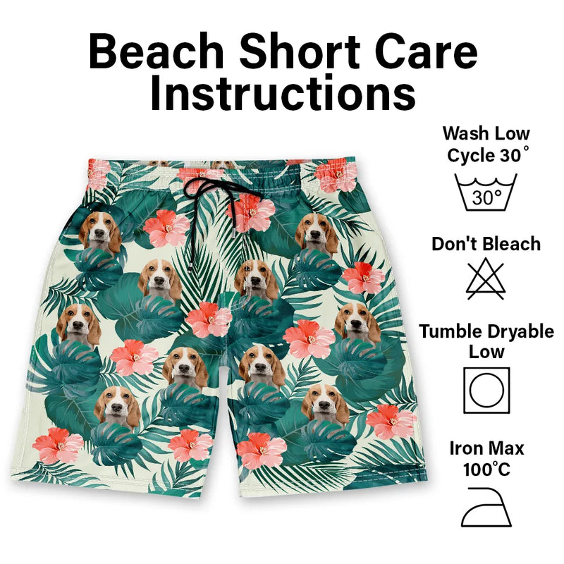 Custom Photo Tropical Leaves Funny Pet Face - Personalized Unisex Beach Shorts