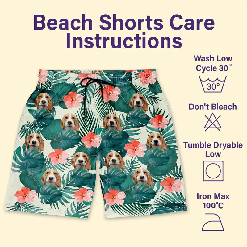 Custom Photo Tropical Leaves Funny Pet Face - Personalized Unisex Beach Shorts