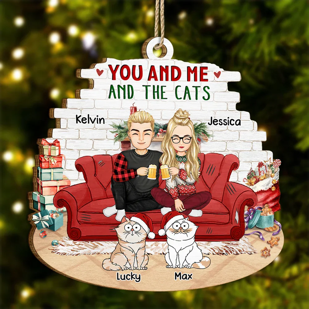 Couple You And Me And The Cats - Personalized Custom Shaped Wooden Ornament