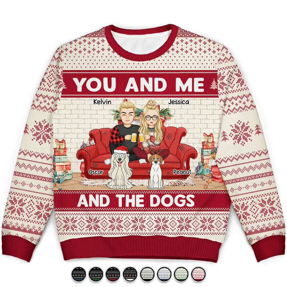 Cartoon You And Me And The Dogs - Personalized Unisex Ugly Sweater
