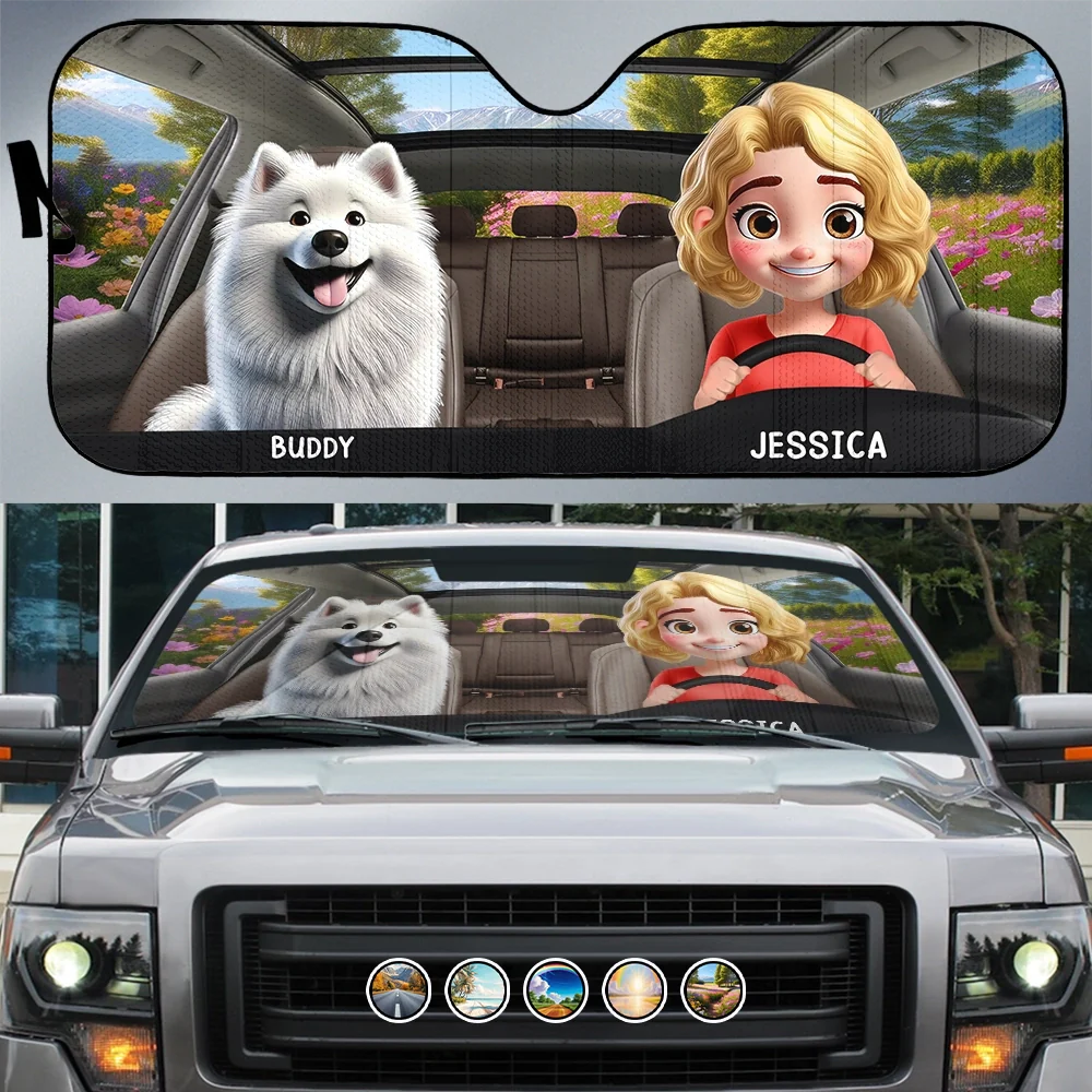 3D Effect Woman Man Dog - Personalized Auto Sunshade