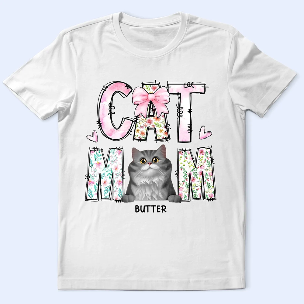 Cat Mom With Floral And Bow - Personalized T Shirt