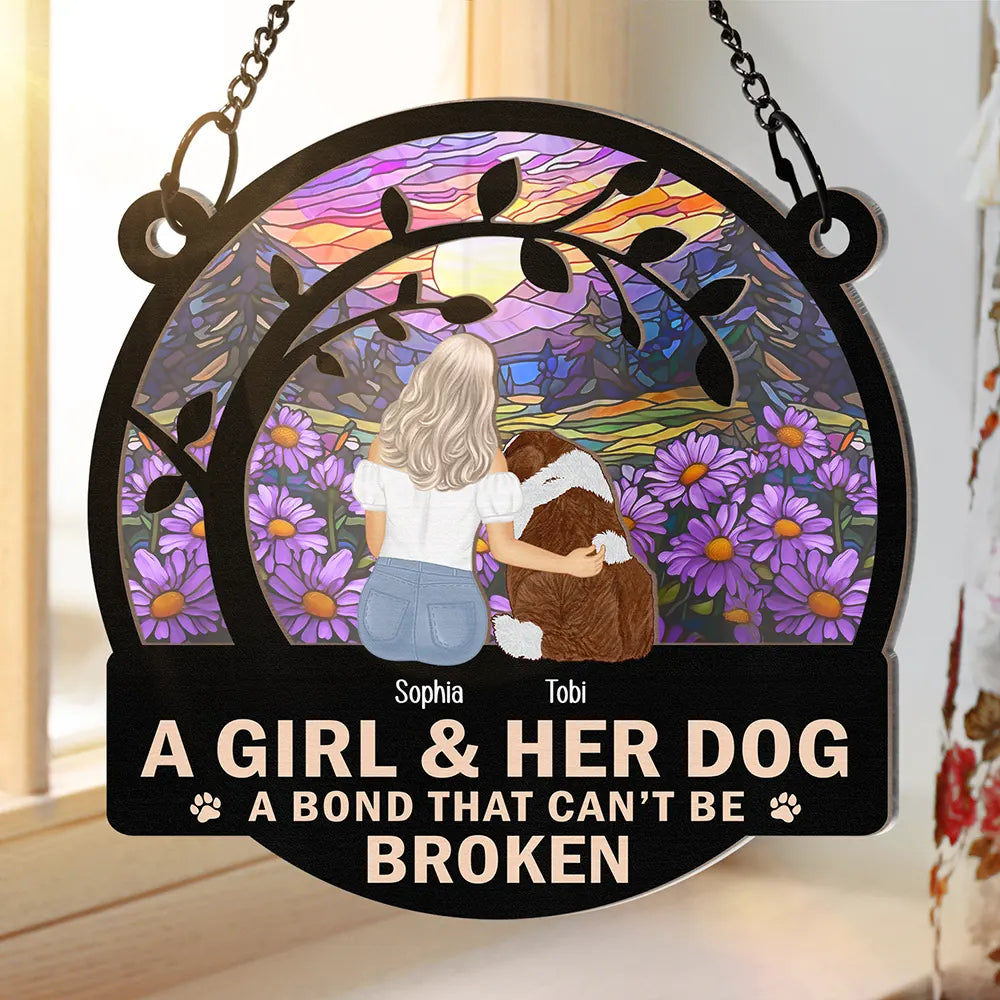 A Girl And Her Dog In A Flower Field A Bond That Can't Be Broken - Personalized Window Hanging Suncatcher Ornament