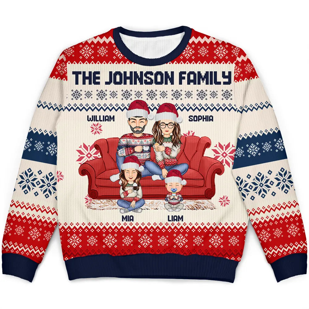 Cartoon Style Couple With Kids And Pets - Personalized Unisex Ugly Sweater