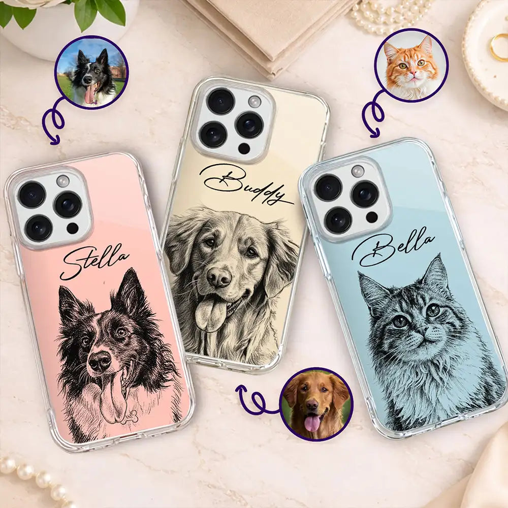 Custom Photo Pencil Sketch Dog Cat Portrait - Personalized Clear Phone Case