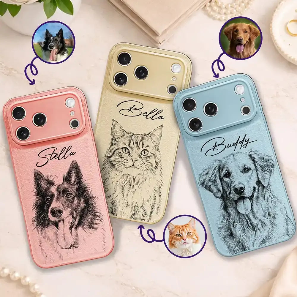 Custom Photo Pencil Sketch Dog Cat Portrait - Personalized Leather Phone Case
