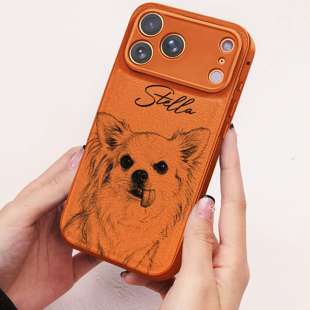 Custom Photo Pencil Sketch Dog Cat Portrait - Personalized Leather Phone Case