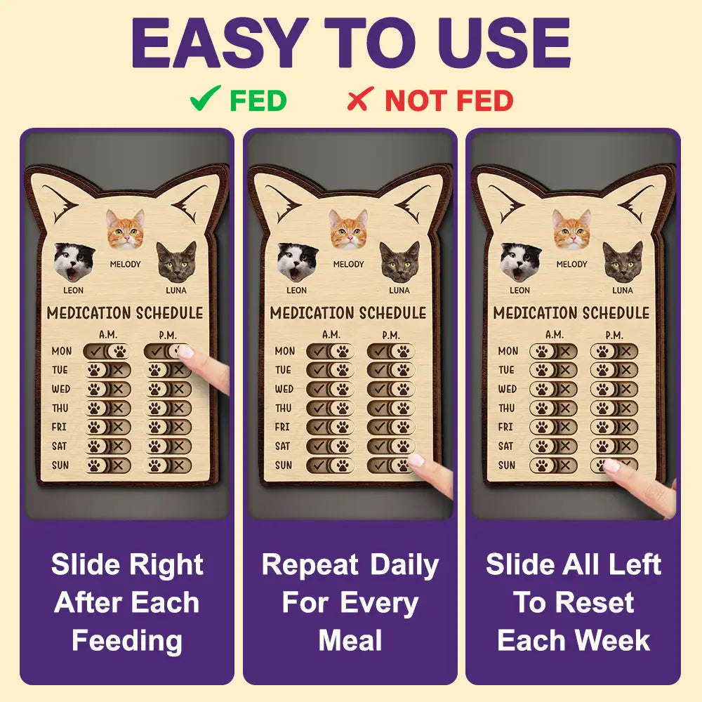 Cat Lovers,Cat Mom,Cat Dad,Cat Couple - Custom Photo Cute Cat Ear Feed Medication Tracker - Personalized Wooden Pet Feeding Reminder