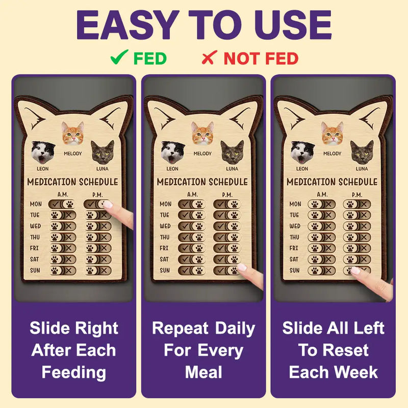 Cat Lovers,Cat Mom,Cat Dad,Cat Couple - Custom Photo Cute Cat Ear Feed Medication Tracker - Personalized Wooden Pet Feeding Reminder