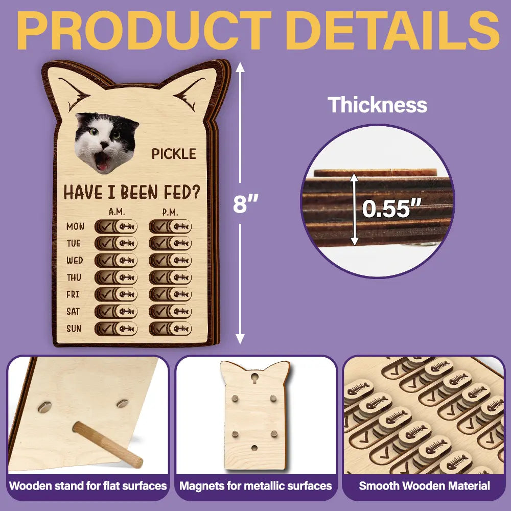 Cat Lovers,Cat Mom,Cat Dad,Cat Couple - Custom Photo Cute Cat Ear Feed Medication Tracker - Personalized Wooden Pet Feeding Reminder