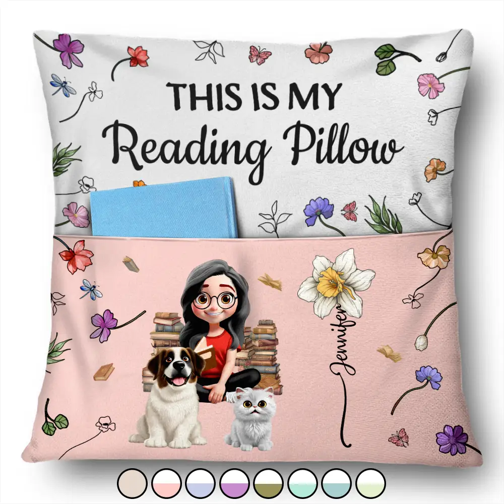 My Reading Pillow Girl With Pets & Birth Month Flower - Personalized Pocket Pillow