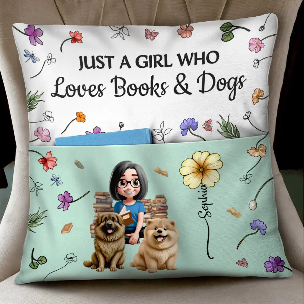 My Reading Pillow Girl With Pets & Birth Month Flower - Personalized Pocket Pillow