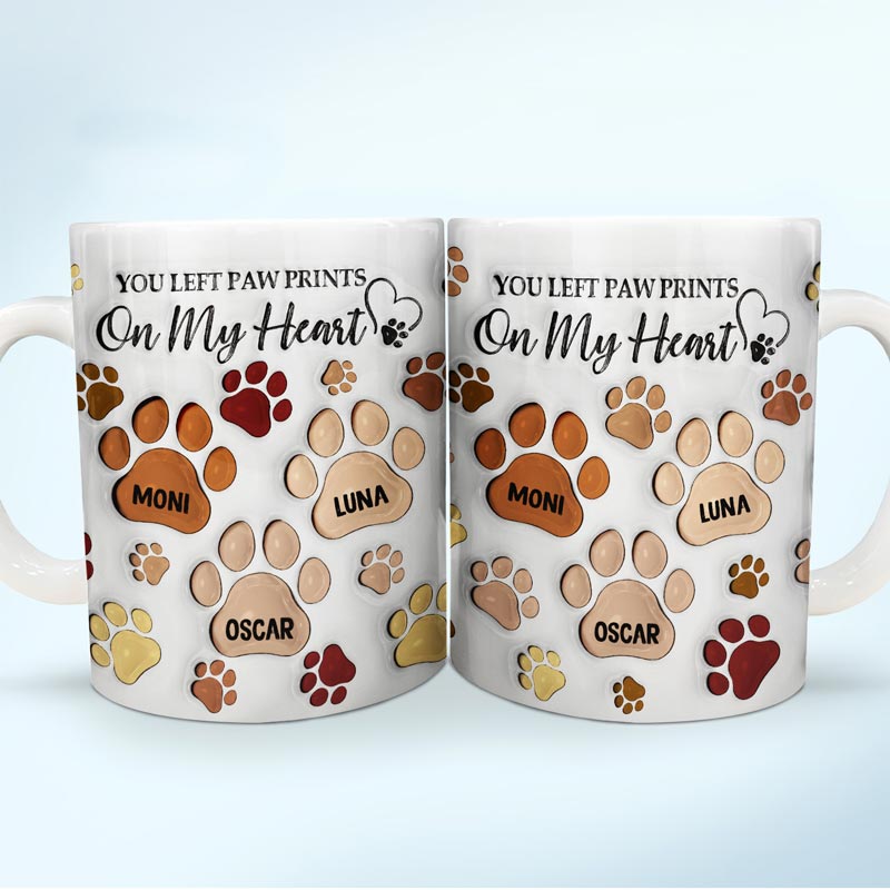You Left Paw Prints On My Heart - Memorial Gift For Dog Lovers, Cat Lovers - 3D Inflated Effect Printed Mug, Personalized White Edge-to-Edge Mug