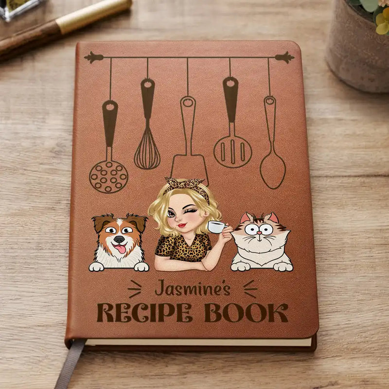 Cartoon Woman With Her Recipe Book And Dog Cat - Personalized Leather Journal