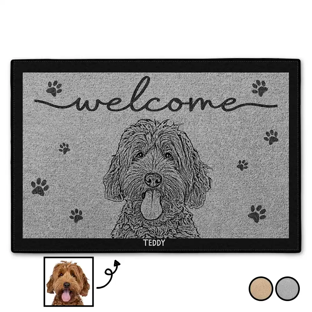 Custom Photo Dog Cat Pet Face Welcome Home Pencil Drawing - Personalized Doormat
