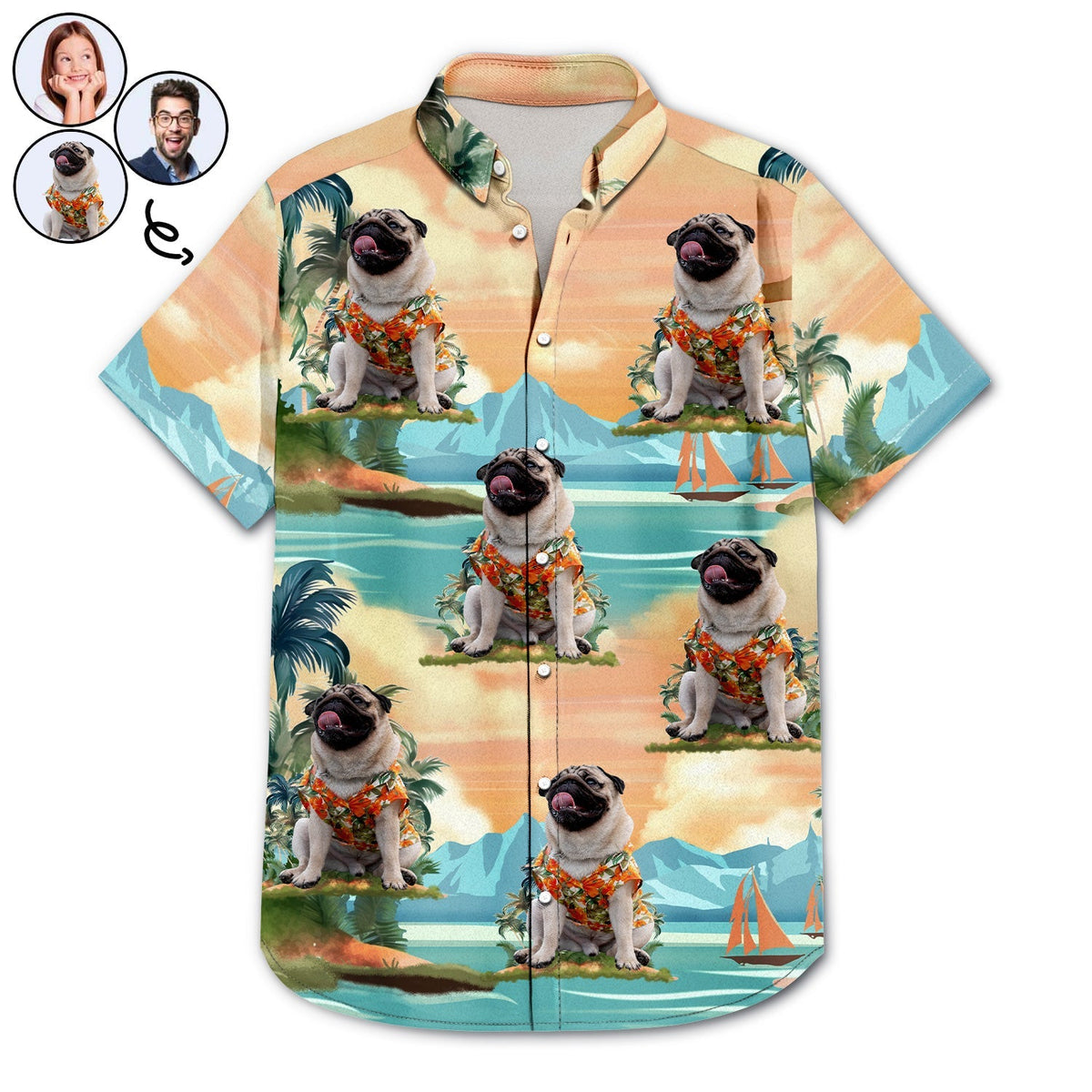 Custom Photo Funny Pet Face Tropical Island - Personalized Hawaiian Shirt
