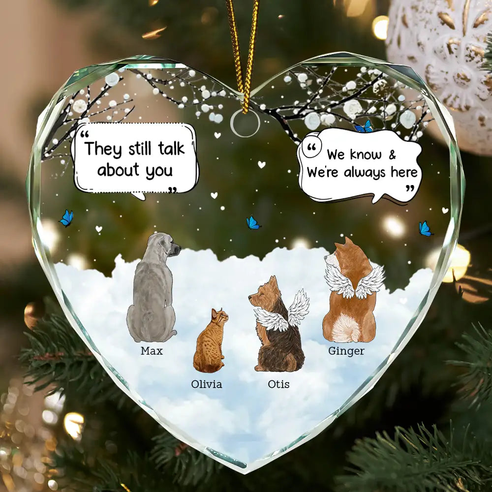They Still Talk About You Memorial Cats Dogs - Personalized Heart Shaped Glass Ornament