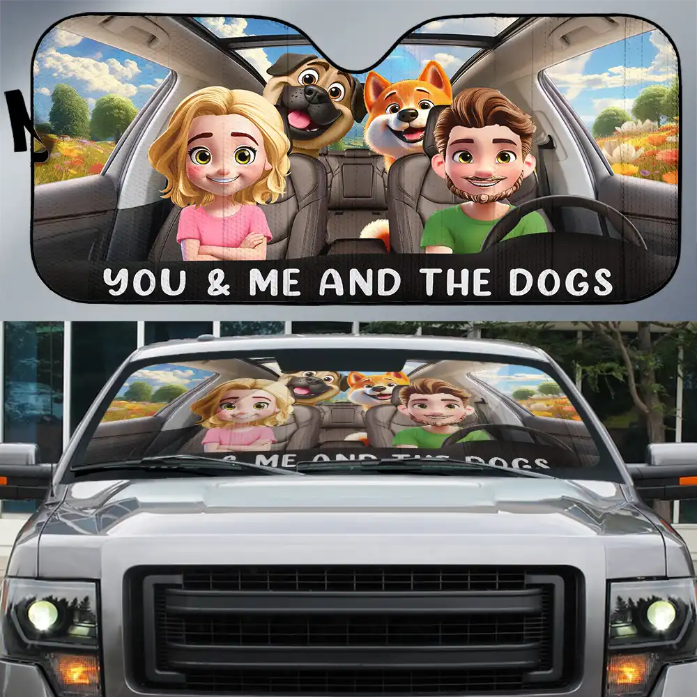 You & Me And The Dogs 3D Cartoon - Personalized Auto Sunshade